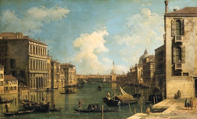 Artwork by Canaletto, The Grand Canal, Venice, looking east from the Campo di San Vio, with the Palazzo Corner, barges and gondolas, the dome of Santa Maria della Salute, the Dogana and the Riva degli Schiavoni beyond, Made of oil on canvas