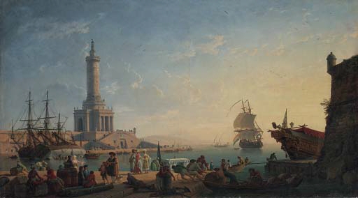 A Mediterranean harbour at sunset with fisherfolk and merchants on a quay, a lighthouse beyond by Claude-Joseph Vernet, 1750