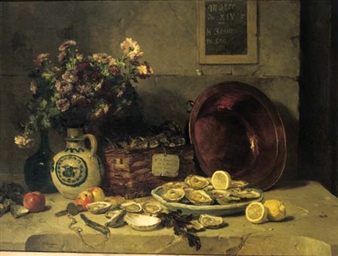A still life with oysters, lemmons and chrysantemums in a vase - Philippe Rousseau