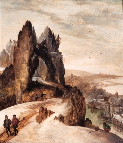 Peasants on a track in a mountainous winter landscape by Tobias Verhaecht
