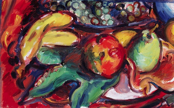 Still life with bananas, apples and grapes by Matthew Arnold Bracy Smith, circa 1950