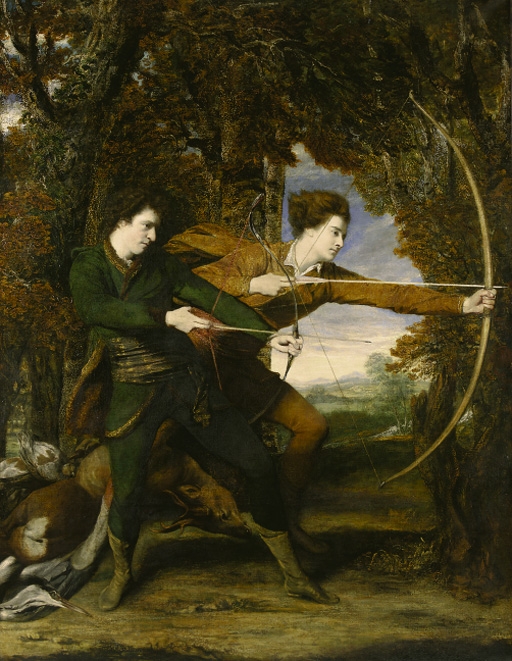 Artwork by Sir Joshua Reynolds, The Archers: Double Portrait of Colonel John Dyke Acland and Thomas Townshend, Viscount Sydney, full-length, in a wooded landscape, Made of oil on canvas