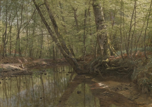 Forest landscape with river by Peder Mork Monsted, 1899