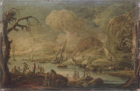 A coastal inlet with soldiers and peasants resting, with shipping beyond by Francesco Simonini