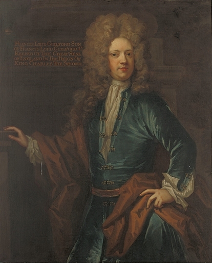 Portrait of Francis, 2nd Lord Guilford, 1673-1729, three-quarter-length, in a blue velvet coat with jewelled fastenings, and an ochre wrap, before a column by John Closterman