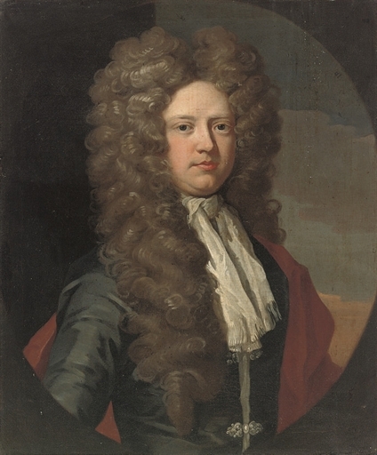 Portrait of William, 6th Lord North and 2nd Lord Grey, 1673-1731, half-length, in a grey coat and red wrap, a landscape beyond, in a feigned oval by John Closterman