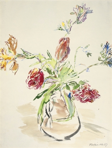Tulpen, Narzissen, Rosen und Freesie in einer Vase by Oskar Kokoschka, 1967