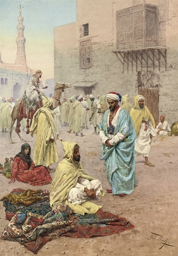 Artwork by N. A. Irubi, Pilgrims outside a mosque, Made of pencil and watercolour on paper