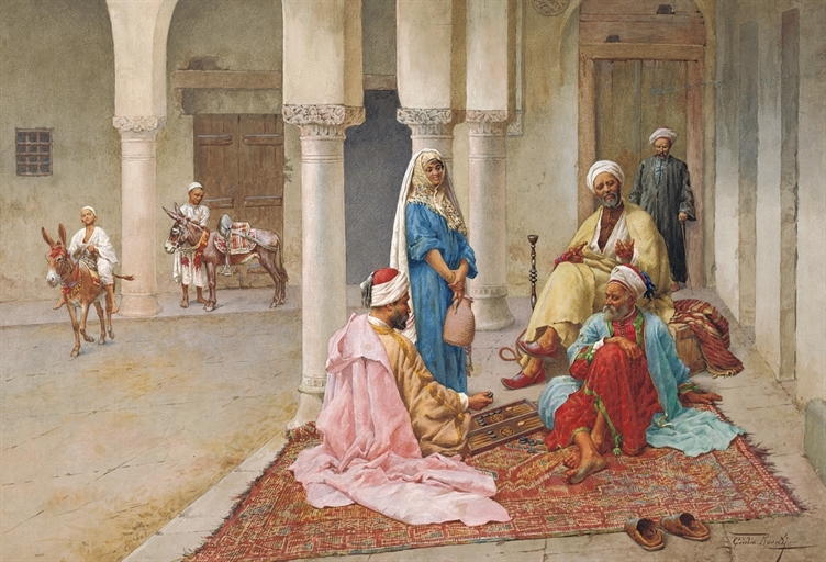 Artwork by N. A. Irubi, An afternoon game of backgammon, Made of watercolour on paper