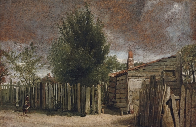 A wooden building with a figure bya fence by John Constable