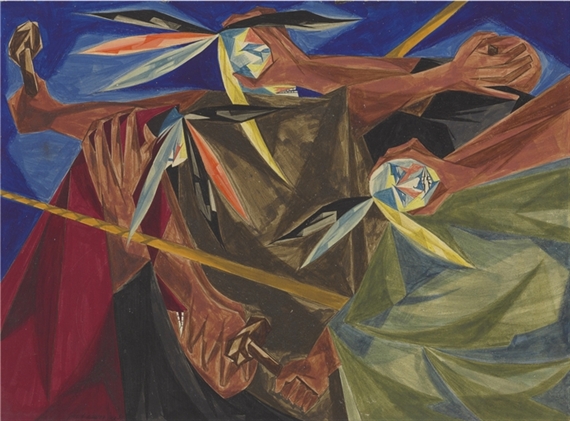 Rally Mohawks! bring out your axes, and tell King George we'll pay no taxes on his foreign tea... -- A SONG OF 1773 by Jacob Lawrence, 1954