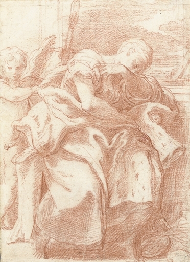 A sleeping female figure, a winged putto beside her with a sword resting behind them by Parmigianino