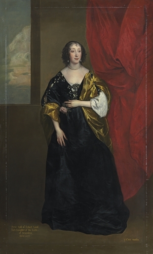 Artwork by Anthony van Dyck, Portrait of Anne Cavendish, Lady), full-length, in a black dress with yellow slashed sleeves, a yellow stole, and a pearl necklace and earrings, holding a rose, by a red draped curtain Rich, Made of oil on canvas