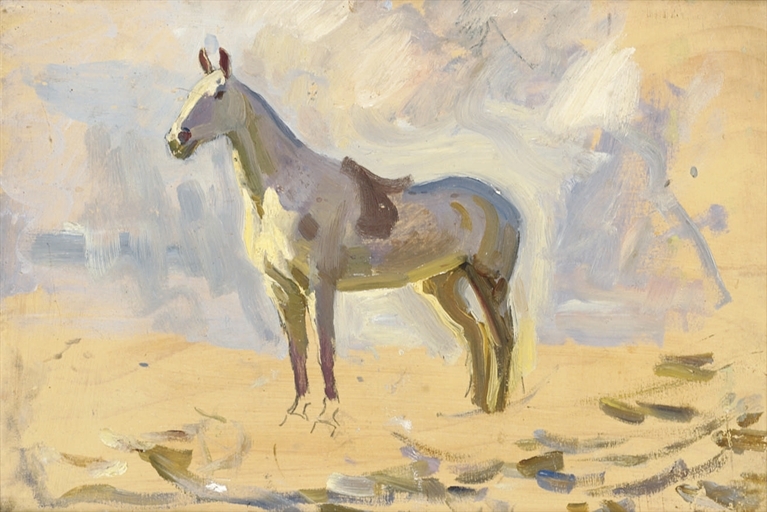 Artwork by Sir Alfred James Munnings, Study for the Essex foxhounds, Made of pencil and oil on panel