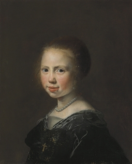 Portrait of a young girl, bust-length, in a black dress and pearl necklace - Jan de Bray