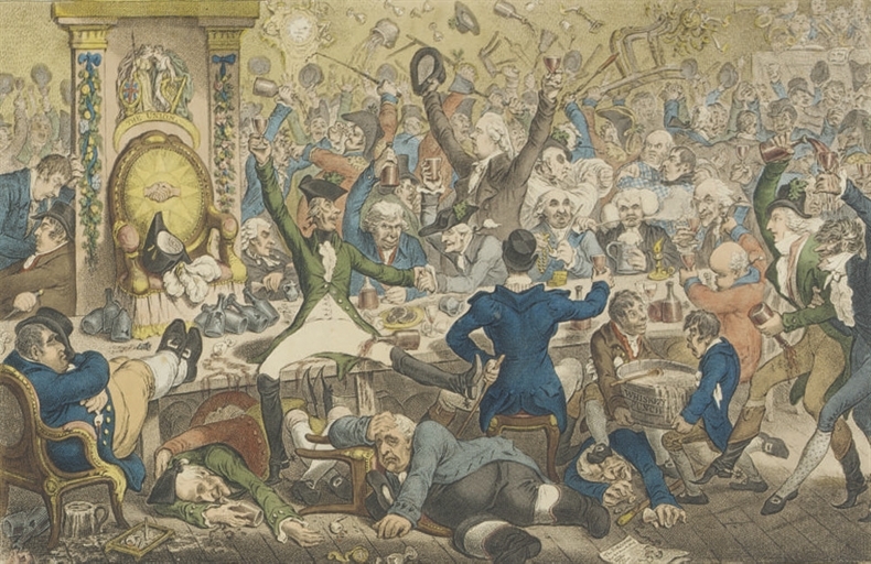 Artwork by James Gillray, The Union-Club; End of the Irish Farce of Catholic-Emancipation; and, End of the Irish Invasion; -or- The Destruction of the French Armada