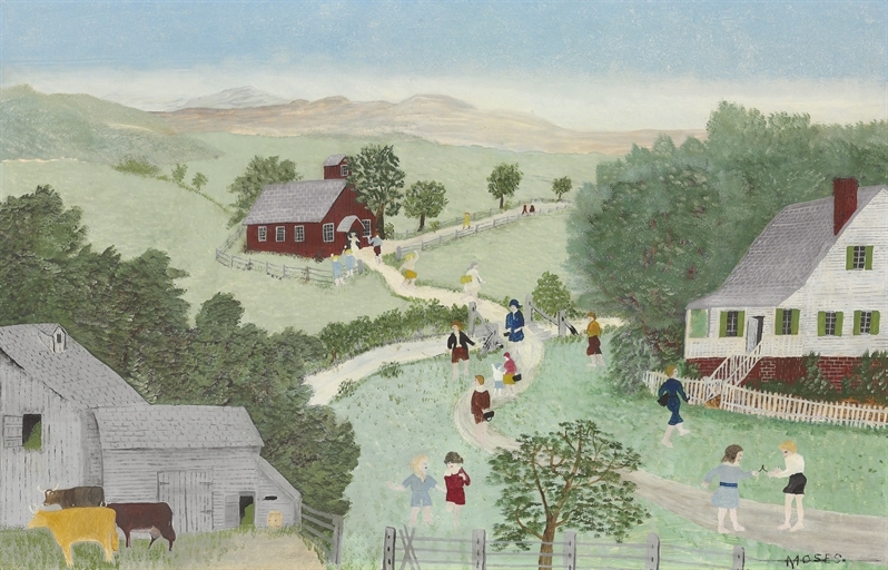 Artwork by Grandma Moses, School is Out, Made of oil on masonite