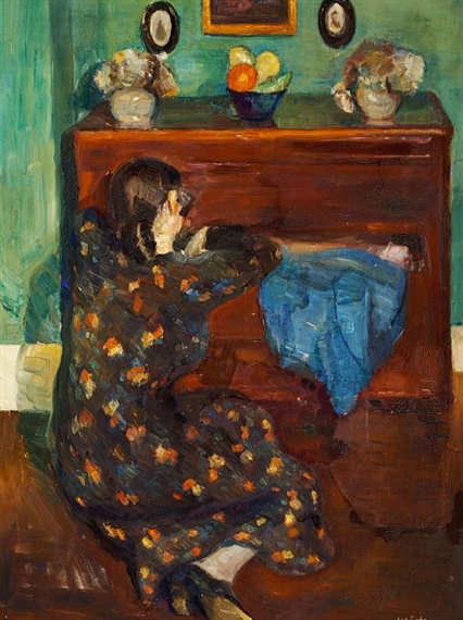 Girl in a floral dress at a commode