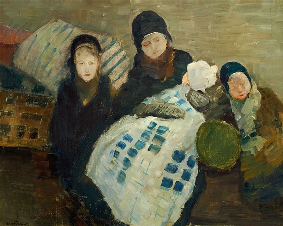 Mother with her three children dressed in winter clothes by Carl Fischer