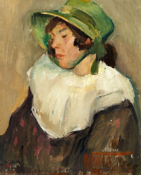 Artwork by Carl Fischer, Girl with a green bonnet, Made of Oil on canvas