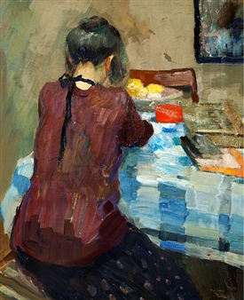 Girl at a table with a blue-?chequered cloth. - Carl Fischer