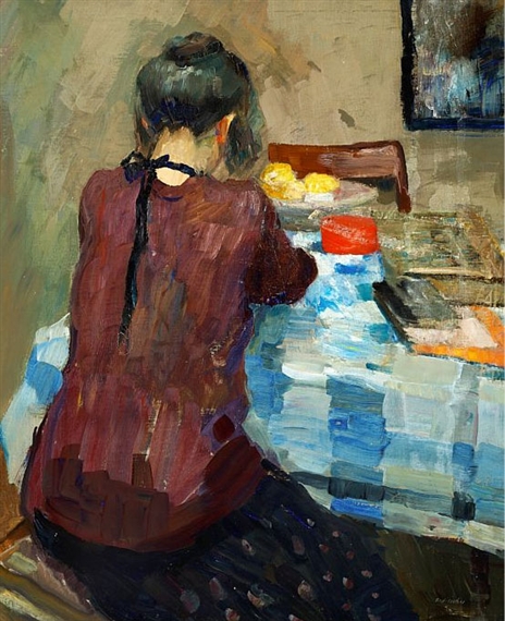 Girl at a table with a blue-?chequered cloth. by Carl Fischer