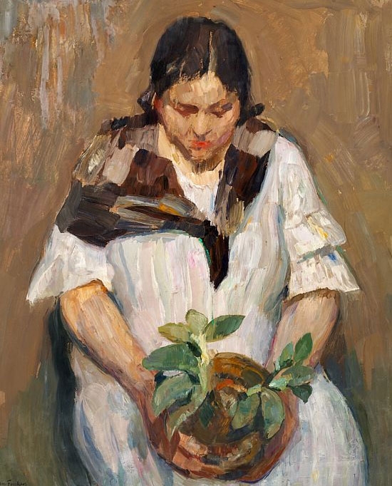 Artwork by Carl Fischer, Girl with a pot plant, Made of Oil on cardboard