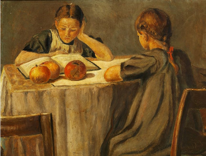 Artwork by Carl Fischer, Two girls doing their homework, Made of Oil on canvas