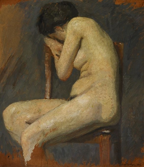 A naked woman model on a chair by Carl Fischer, 1909