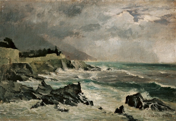 KÜSTE BEI NERVI IM STURM by Gustav Schönleber, 1872