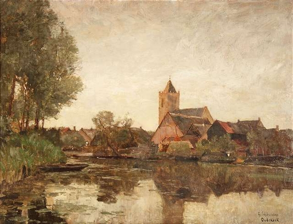 Dutch village at a canal by Gustav Schönleber
