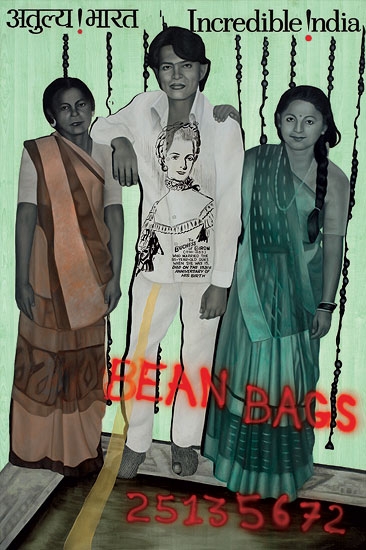 Artwork by Atul Dodiya, Shri Jivan Chaya of Gandhi Nagar (with 17th Wife Madhuben and 18th Wife Jayashriben), Made of Enamel paint and synthetic varnish on laminate board