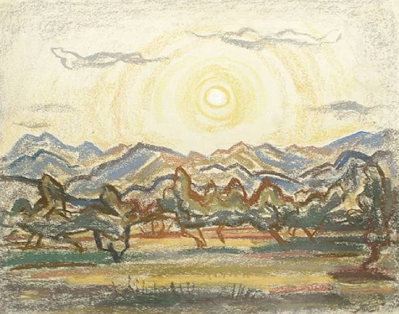 Sunrise over hills and trees