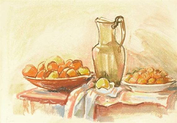 Still life with jug and bowls of fruit