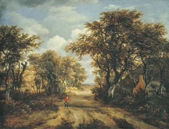 A wooded landscape with a hunter and other figures on a path - Meindert Hobbema