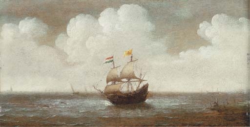 A Dutch frigate in choppy waters and a man fishing on the shore by Cornelis Verbeeck