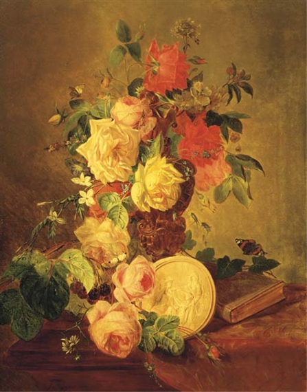 Butterflies by a mixed bouquet with roses by François Joseph Huygens, 1853