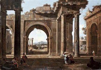 A capriccio of classical ruins with the Arch of Titus, the Temple of Vespasian, the Castel Sant'Angelo and the Roman campagna beyond - Jean Lemaire