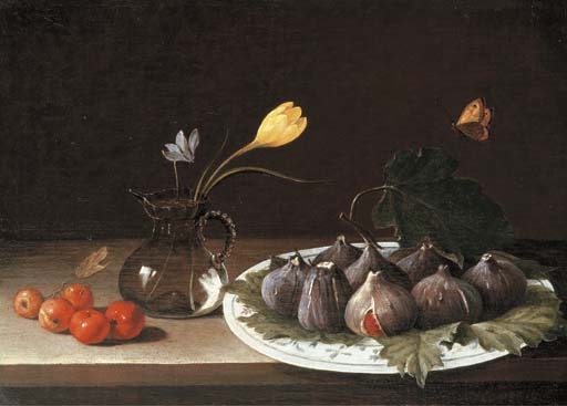 A vase with a crocus and a cyclamen, figs in a porcelain dish and crab apples on a stone ledge, with a butterfly by Luca Forte