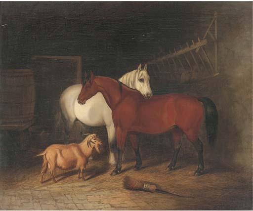 Two horses and a goat in a stable by Alfred Wheeler