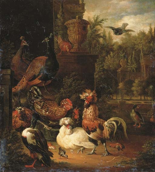 A rooster with hens, chicks, ducks, peacocks and pigeons by a classical vase in a park landscape by Pieter van Mase