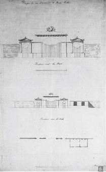 Design for an entrance to Hyde Park: Elevations next to the road and next to the park, with plan (recto); and Elevations and plans of the gate's and lodge (verso) - Sir John Soane