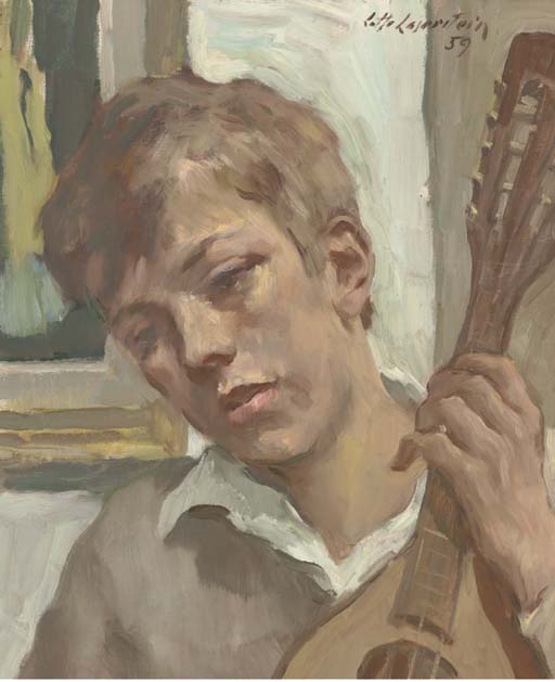 Artwork by Lotte Laserstein, Portrait of a boy, bust-length, playing a mand...