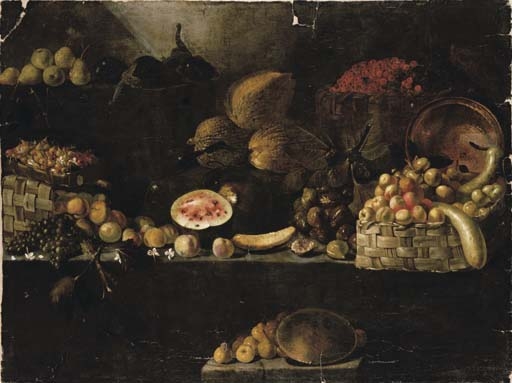 A basket of apples, calabashes, an upturned copper vessel, figs, melons, with other fruit on rocky ledges by Luca Forte