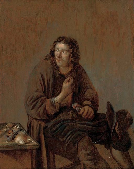 A cobbler at work in an interior by Abraham Diepraam