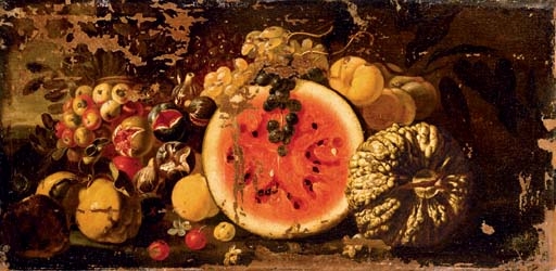 A watermelon and a melon, quince, peaches, crabapples, grapes and figs in a landscape by Luca Forte, 1670