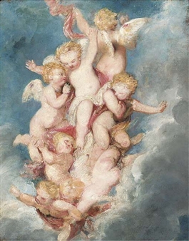 Putti ascending (recto); and A wild boar hunt, a sketch (verso) - William Derby