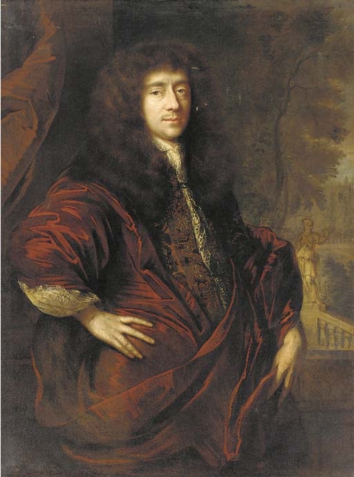 Artwork by Jan de Baen, Portrait of a gentleman, three-quarter-length, in a garden, in an embroidered jacket and a red gown, Made of oil on canvas