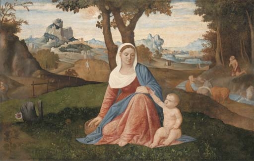 The Rest on the Flight into Egypt with the Penitent Saint Jerome in a wooded river landscape, Saint Antony Abbot and the Predication of the Baptist beyond - Benedetto Diana