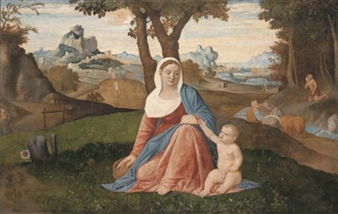 The Rest on the Flight into Egypt with the Penitent Saint Jerome in a wooded river landscape, Saint Antony Abbot and the Predication of the Baptist beyond - Benedetto Diana